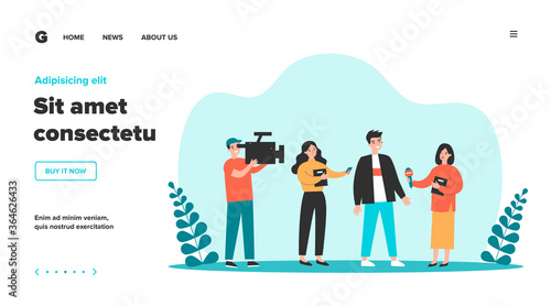Female journalists with microphones interviewing man. Operator shooting reporters conversation with male character. Vector illustration for news, reportage, mass media concept