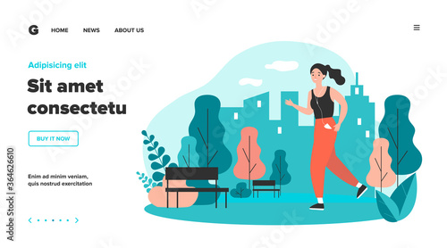 Jogger wearing headphones running down pathway outdoors. Woman training in city park in morning. Vector illustration for health, lifestyle, sport, activity concept