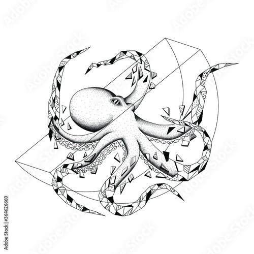 pulpo saliendo de  líneas geométricas y deformándose. Estilo puntillismo