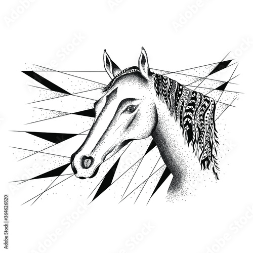 Caballo de perfil con líneas diagonales en el fondo. Estilo puntillismo y mandalas geométricas. 