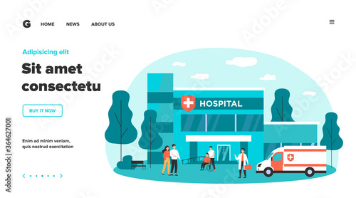 Hospitalized patients and doctors near hospital flat vector illustration. Cartoon people in front of medical building. Emergency and healthcare concept