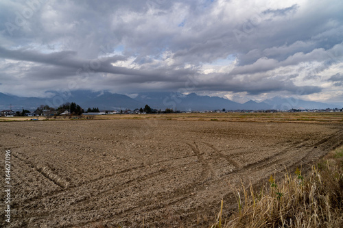 Winter Plowed field after harvest in Nagano prefecture, Japan.