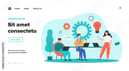 Business team members with laptop discussing project at their workplaces. Managers working together, sharing new ideas. Can be used for workflow, teamwork, cooperation, collaboration concept