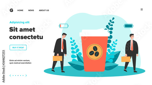Office worker charging his battery with coffee energy. Business man walking near takeaway coffee cup. Flat vector illustration for caffeine addict, stress, coffee shop concept