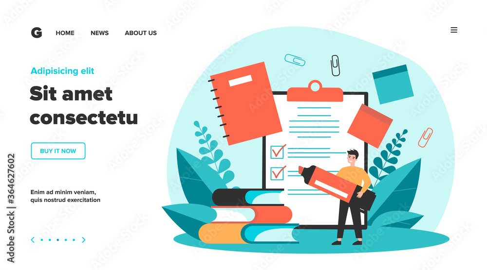 Man with marker making checklist. Male character with school supplies, papers, notes, memos, notebook. Vector illustration for planning, manager job, stationery concept Man with marker making checklist. Male character with school supplies, papers, notes, memos, notebook. Vector illustration for planning, manager job, stationery concept