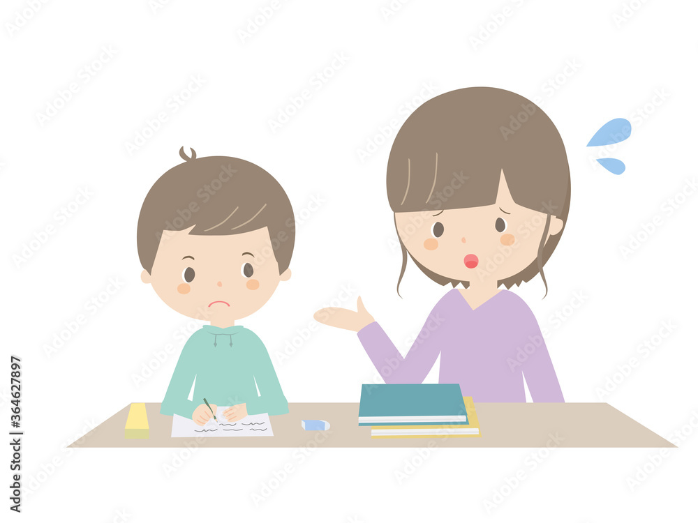 親に言いつけられながら家庭学習する男の子 親に言いつけられながら家庭学習する男の子
