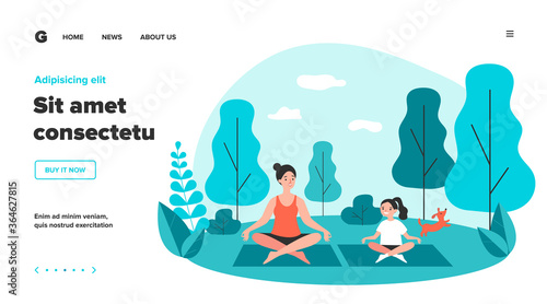 Happy mom and daughter practicing yoga in park. Woman and girl training outdoors. Flat vector illustration for family activity, outdoor workout, fitness, leisure concept