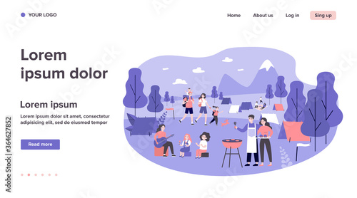 Outdoor summer festival, vacation recreation concept. Tourists family with kids enjoying camping with tents, barbecue, picnic and hiking. Flat vector illustration