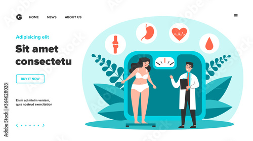 Doctor consulting overweight girl flat vector illustration. Cartoon tiny woman with diabetes standing on scales. Fat problem, health and obesity concept