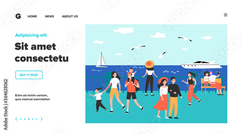 Happy people walking along sea on quay isolated flat vector illustration. Cartoon characters relaxing at seaside and watching boats. Summer activity and vacation concept