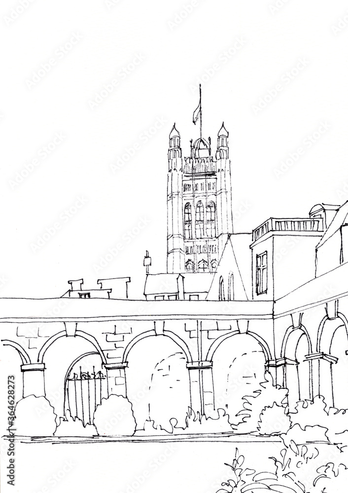 Westminster abbey courtyard and Parliament tower, London, UK, graphic black and white drawing, travel sketch