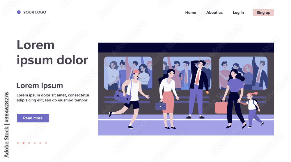 People going to work or school at morning. Transport, crowd, hurry flat vector illustration. Rush hour and city life concept for banner, website design or landing web page