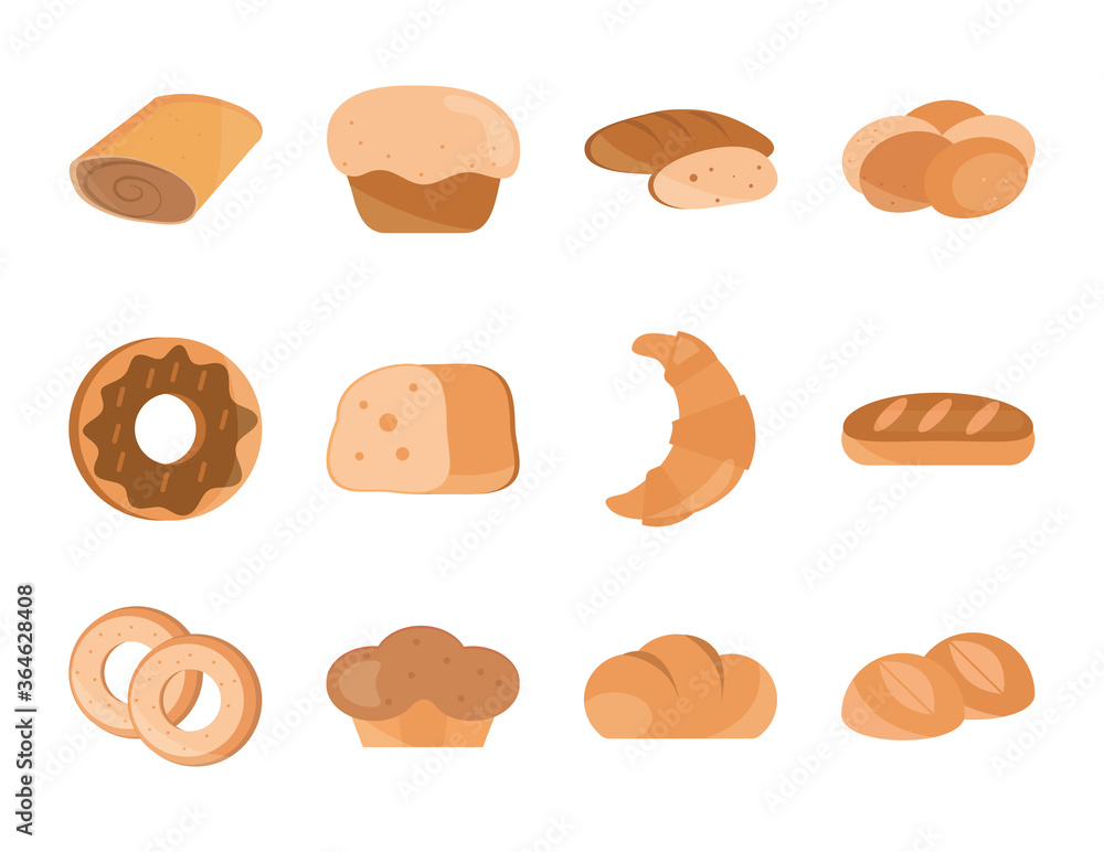 bread menu bakery food product flat style icons set