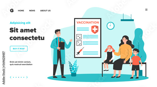 Mother with kids consulting pediatrician about vaccination in hospital. Doctor presenting vaccine. Can be used for healthcare, flu protection, disease prevention concept