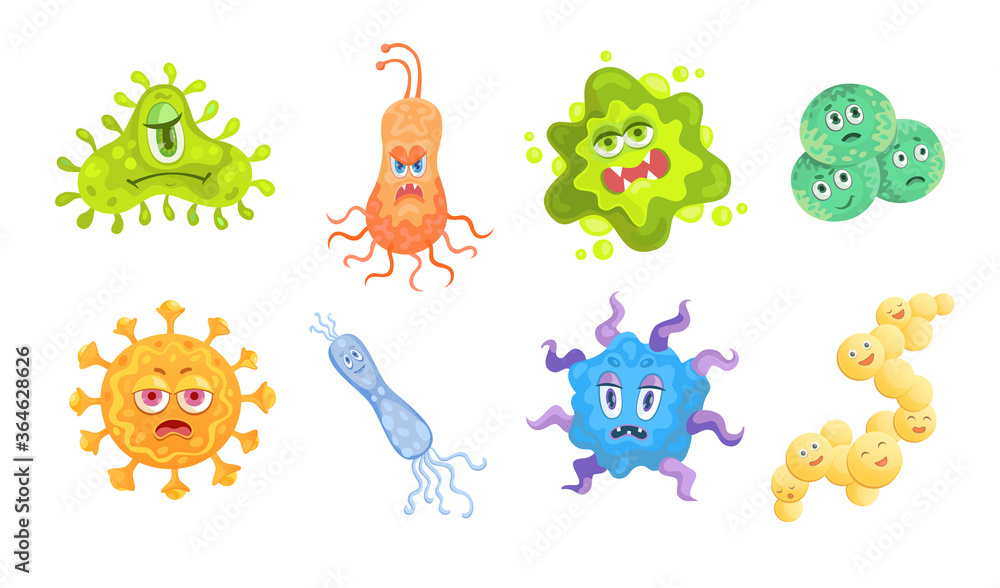 Different funny bacteria and germs flat icon set. Cartoon characters of viruses, microbes, microorganisms vector illustration collection. Healthcare, hygiene and infection concept