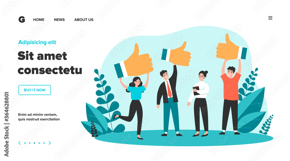 Happy clients giving positive feedback to product quality. Customers showing like, giving support to top service. Vector illustration for rating, survey, marketing, business success concept