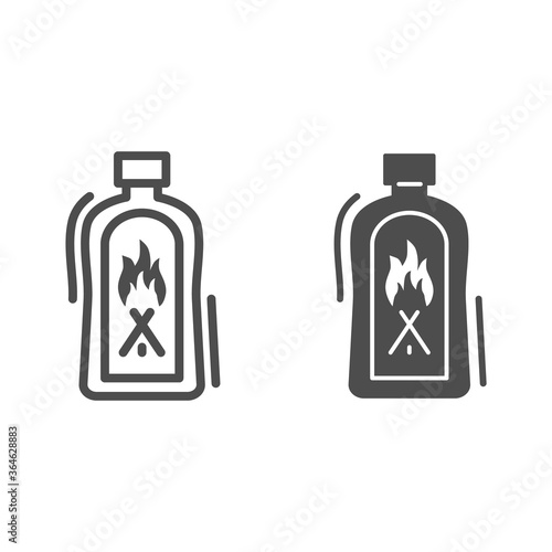Liquid for kindling fire line and solid icon, picnic concept, Fire firing fluid sign on white background, Fluid to kindle fire icon in outline style for mobile concept and web design. Vector graphics.