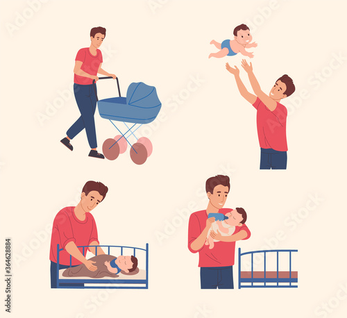 Father spends time with his son. Vector illustration in a flat style. Dad takes care of the baby: he walk with a child, feeds him from the bottle and puts him in bed.