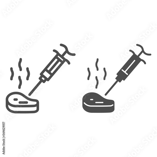Piece of meat with syringe line and solid icon, picnic concept, Culinary kitchen syringe e sign on white background, steak with syringe icon in outline style for mobile, web design. Vector graphics.