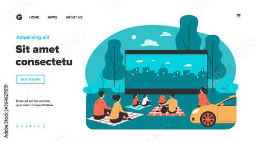 Outdoor cinema theater big screen. Friends and dating couples watching open air movie at night. Vector illustration for evening leisure, vacation, weekend concept