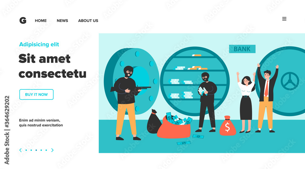 Gangsters and bank workers during robbery. Burglars with gun removing stacks of money from open safe to bags. Flat vector illustration for criminals, finance loss, security, crime concept