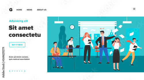 Deadline failure and office chaos concept. Angry furious boss shouting at employees, throwing papers, puzzled office workers in hurry and panic. Flat vector illustration