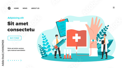 Donating blood in hospital flat vector illustration. Cartoon doctor or nurse taking blood from donor infographics. Health, emergency and medicine concept