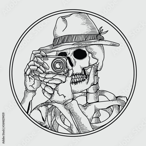 tattoo and ts-shirt design black and white hand drawn tourism skeleton skull with camera premium vector