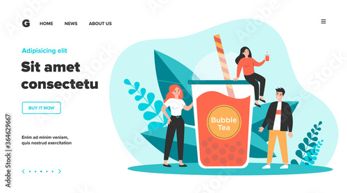 People with plastic cup of bubble milk tea. Happy tiny girls and guy drinking pink fruit boba beverage. Vector illustration for refreshment, summer, Asian fresh bar concept