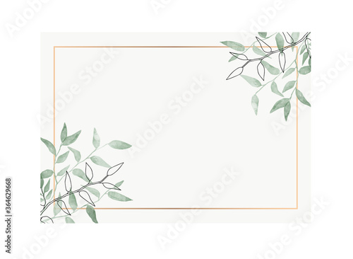 Leaves minimalistic vector frame. Hand drawing plants, branches, Herbal. Greenery wedding square invitation. leaf, Gold line. Watercolor, line drawing style. Modern neutral design for poster, card.