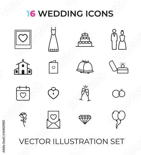 Set of 16 flat line wedding icons, for the wedding industry. Includes polaroid picture, dress, wedding cake, couple, church/chapel, card, bells, engagement ring, date, lock, champagne, rose, and more.