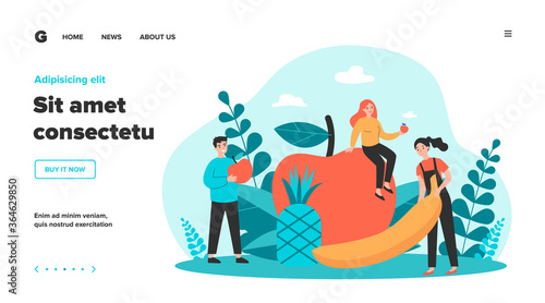 Happy people keeping healthy diet. Men and women holding fruits, apple, pineapple, banana. Vector illustration for fitness, dietitian nutrition, organic food concept