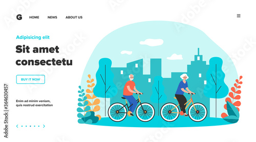 Active retirement, recreation outdoors old age concept. Happy senior family couple cycling in park. Grey haired man and woman riding bikes. Flat vector illustration