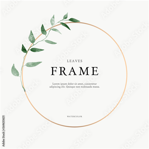 leaves minimalistic vector round frame. Hand drawing plants, branches, Herbal. Greenery wedding square invitation. leaf, Circle. Gold line. Watercolor style. Modern neutral design for poster, card.