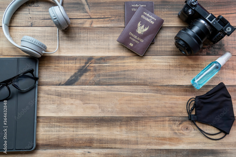 Image of a travel plan, concept in pandemic covid19, vacation items. Image of a travel plan, concept in pandemic covid19, vacation items.