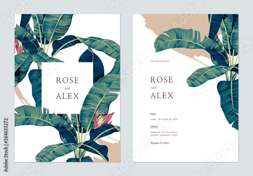 Botanical wedding invitation card template design, hand drawn banana tree