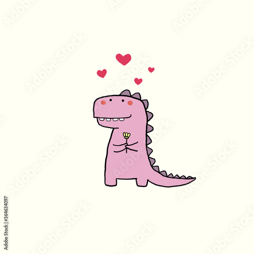 Hand drawn Valentine’s day card with cartoon little cute dinosaur holding a flower with heart. Vector illustration for poster or print decoration. © kankhem