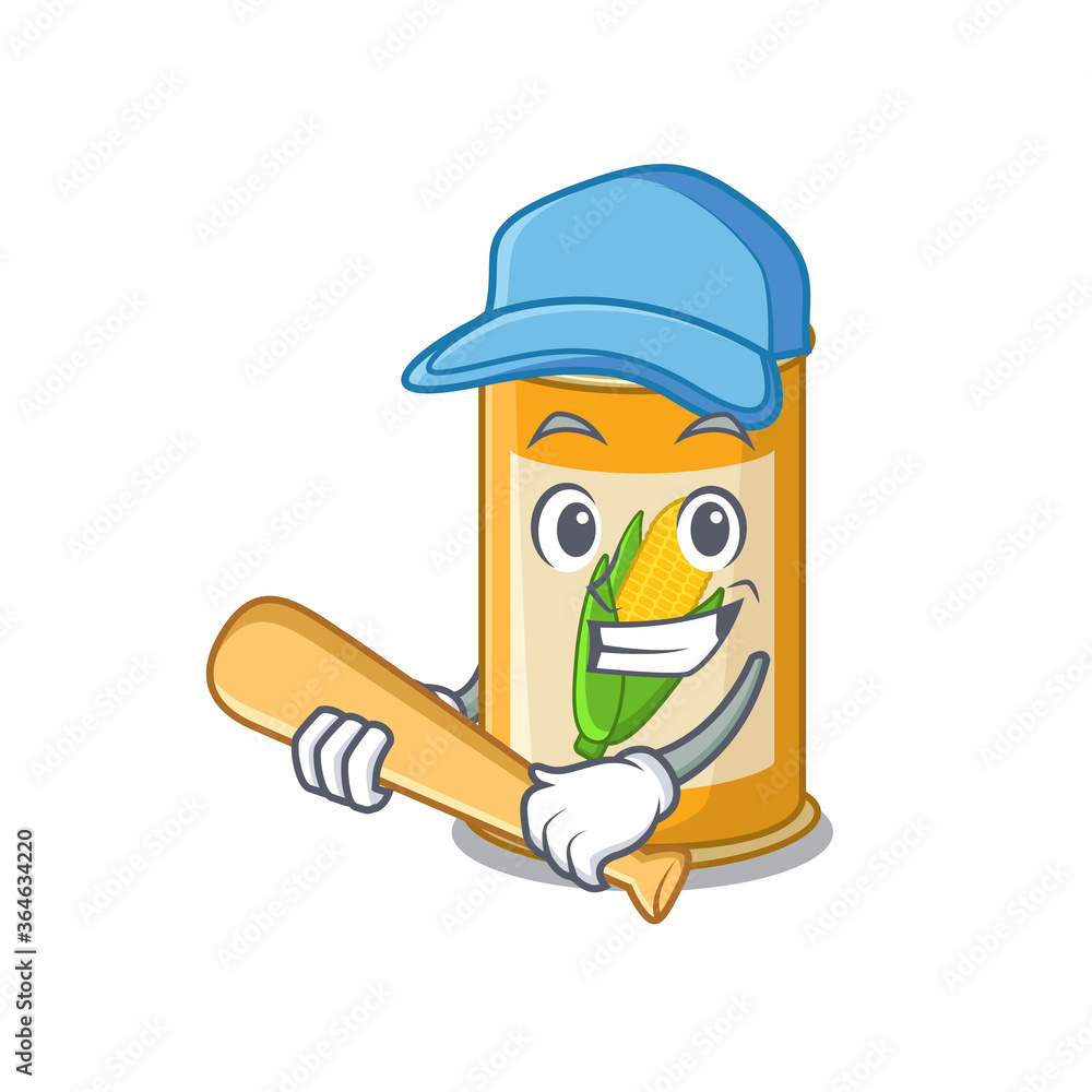Attractive corn tin caricature character playing baseball