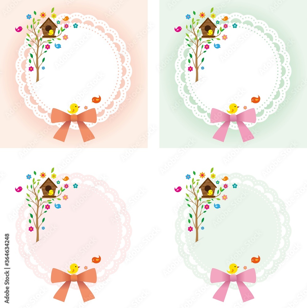 ribboned doyle decoration.Doyle's background with a birdhouse over flowers and birds and trees.Vector source for moving and editing individual images.