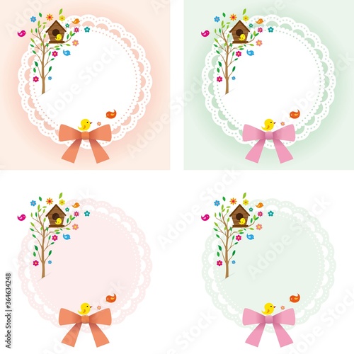 ribboned doyle decoration.Doyle's background with a birdhouse over flowers and birds and trees.Vector source for moving and editing individual images. photo