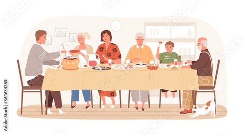 Traditional Russian family eating dishes sitting at table together vector flat illustration. Happy relatives talking during festive dinner at home isolated on white. Smiling people at holiday meal