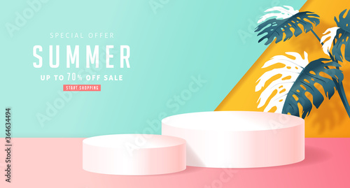 Summer sale design with product display cylindrical shape and monstera leaves decorating bright Color background.