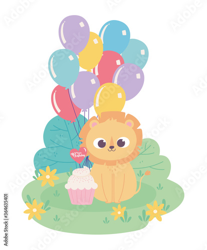 happy birthday  cute little lion with party hat balloons and cupcake celebration decoration cartoon