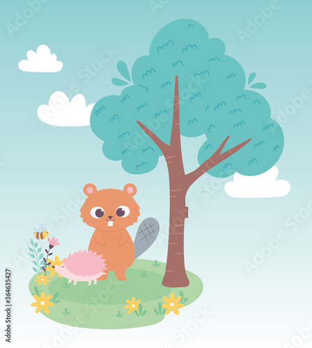 cute little beaver and hedgehog on grass with flowers and tree cartoon