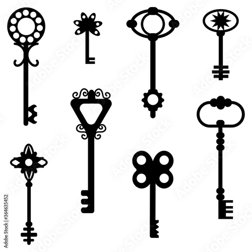Vintage keys. Vector old ornate retro keys. Antique keys to the door lock with ornament. Decorative medieval clue. Stock Photo.