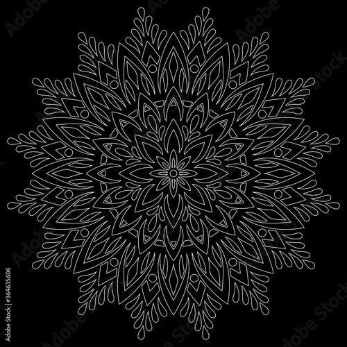 White outline mandala on a black doodles sketch