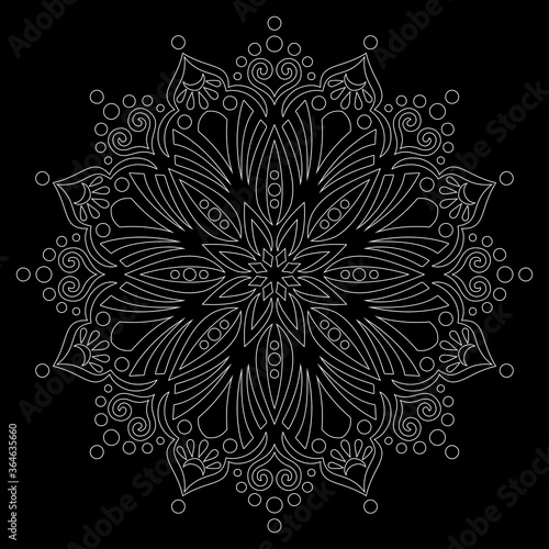 White outline mandala on a black doodles sketch