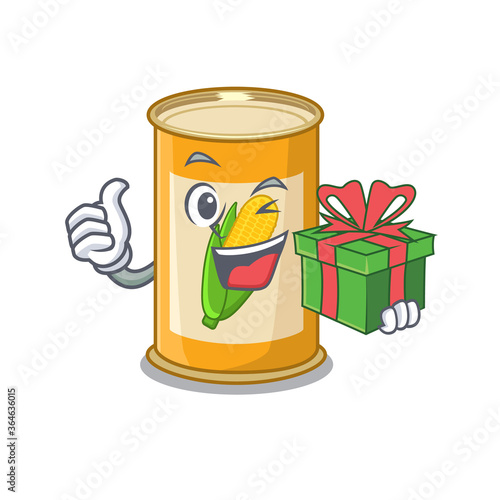 joyful corn tin cartoon character with a big gift box