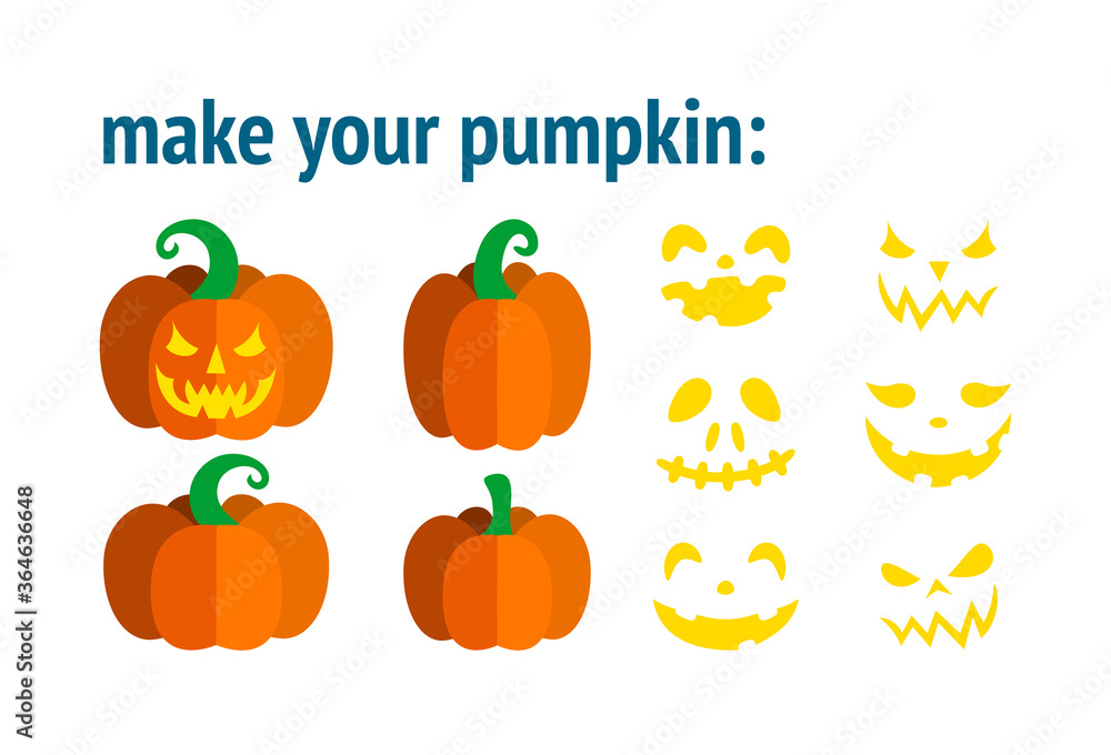 Template for Halloween pumpkin, choose the pumpkin form and face. Make your own customized design. Vector illustration for Halloween party. Template for Halloween pumpkin, choose the pumpkin form and face. Make your own customized design. Vector illustration for Halloween party.