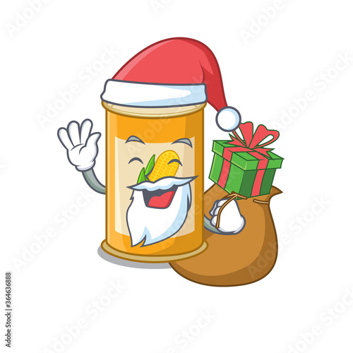 Cartoon design of corn tin Santa having Christmas gift